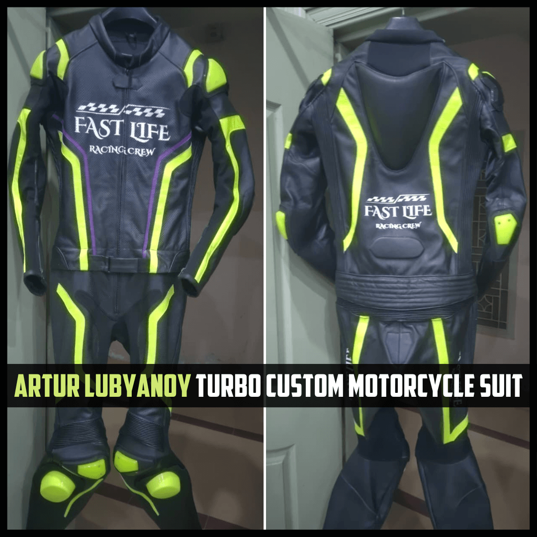 Motorcycle suit with 'Fast Life Racing Crew' branding, displayed against a neutral background.