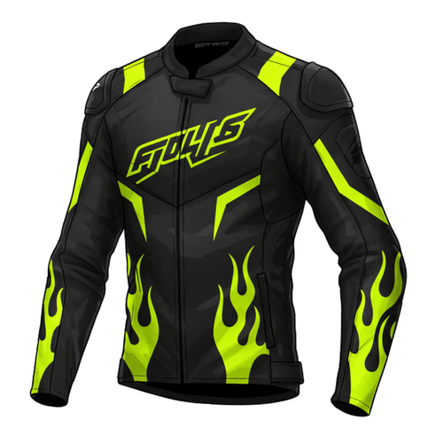 A high-quality black motorcycle leather jacket with neon yellow flame graphics and angular accents, featuring protective armor on the shoulders and elbows, a front zipper closure, and the word 'FURY' in bold lettering on the chest.