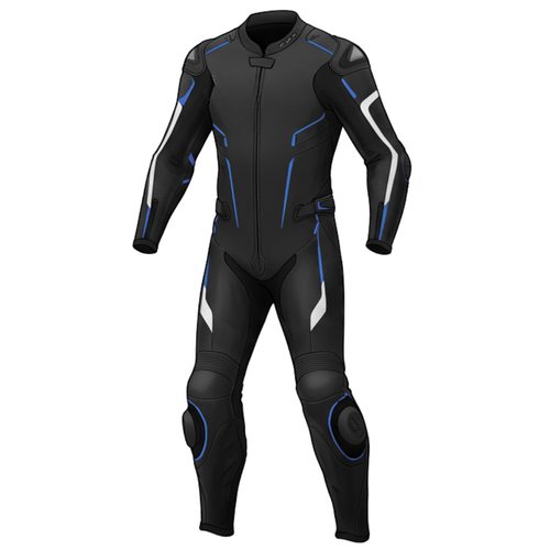 Black and blue motorcycle leather suit with CE-approved armor and spine protection