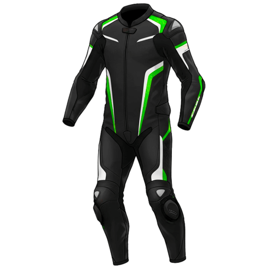 Black motorcycle racing suit with green accents on a white background