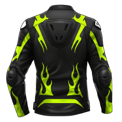 Rear view of a black and yellow motorcycle jacket featuring flame graphics, reinforced armor, and sleek design for ultimate rider protection.