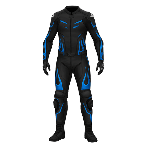 Black motorcycle suit with blue accents on a white background