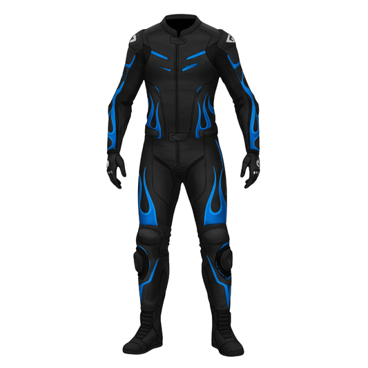 Black motorcycle suit with blue accents on a white background