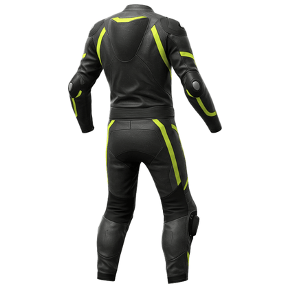 Black leather motorcycle suit with yellow accents on a white background
