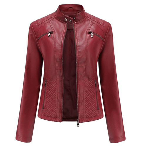 A red leather motorcycle jacket with a mandarin collar, zipper details, and quilted design on the chest.