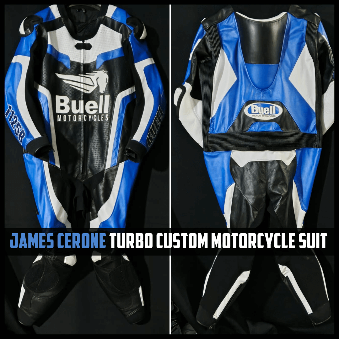 Buell motorcycle suit displayed on a mannequin with close-up details against a black background.