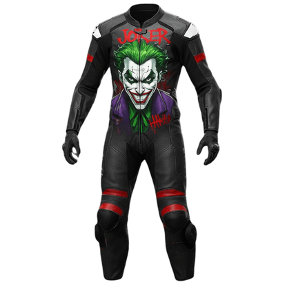 Front view of Joker-themed motorcycle leather suit with CE-certified armor