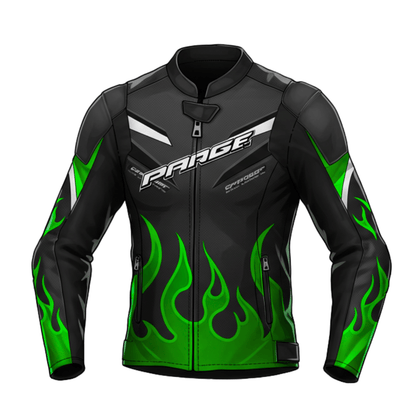 Front view of Kawasaki-inspired black and green leather motorcycle jacket with flame graphics and sporty design.