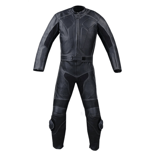 A black one-piece leather motorbike suit with metal armor inserts on the back and thighs, featuring a high collar, long sleeves, and reinforced sections.