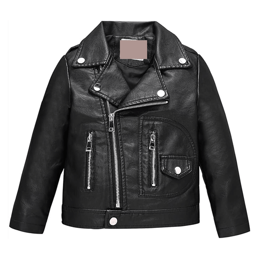 A black leather motorcycle jacket for kids with a zipper and CE approved padding at the elbows, shoulders, and back.