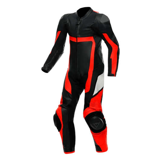 A black and red leather motorcycle suit with long sleeves and reinforced sections on the back and thighs.