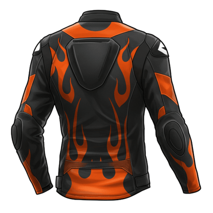 Back view of black and orange motorcycle leather jacket featuring flame graphics.