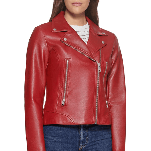 A woman wearing a red leather motorcycle jacket with a mandarin collar and zipper details.