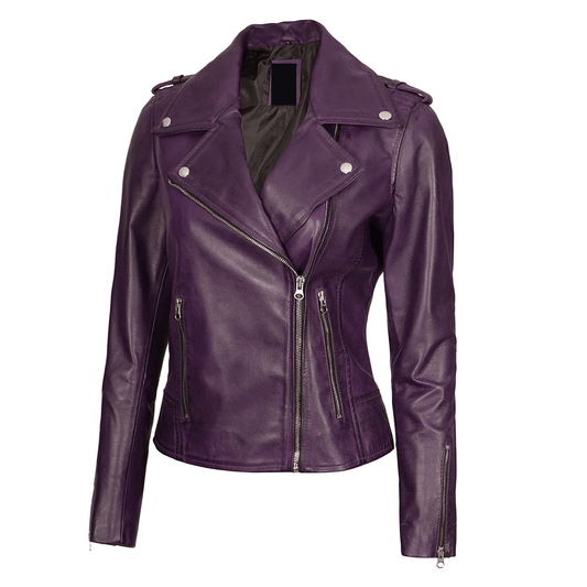A purple ladies leather motorcycle jacket with a mandarin collar, zipper details, and padded elbows, shoulders, and back.