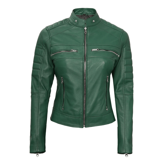 A green leather motorcycle jacket with a mandarin collar, zippered front, and quilted sleeves.