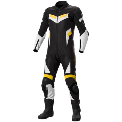 Black, white, and yellow motorcycle racing suit on a white background