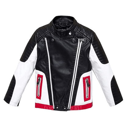 Kids leather jacket in black with white and red accents, featuring a zipper front and padding at the elbows, shoulders, and back.