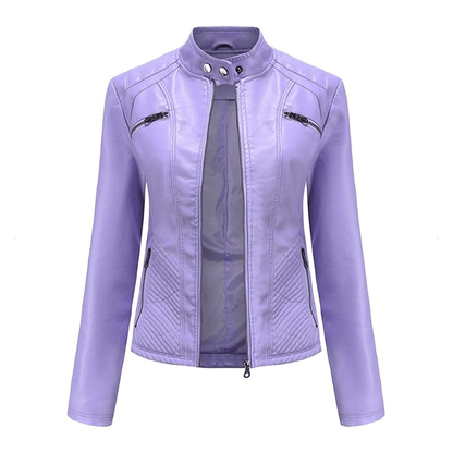 A purple Turbo ladies leather motorcycle jacket with a mandarin collar, zipper details, and padded areas on the elbows, shoulders, and back.