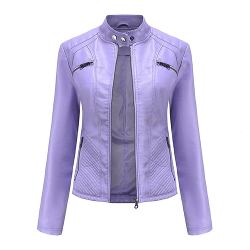 A purple Turbo ladies leather motorcycle jacket with a mandarin collar, zipper details, and padded areas on the elbows, shoulders, and back.
