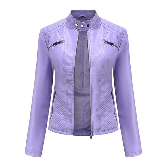 A purple Turbo ladies leather motorcycle jacket with a mandarin collar, zipper details, and padded areas on the elbows, shoulders, and back.