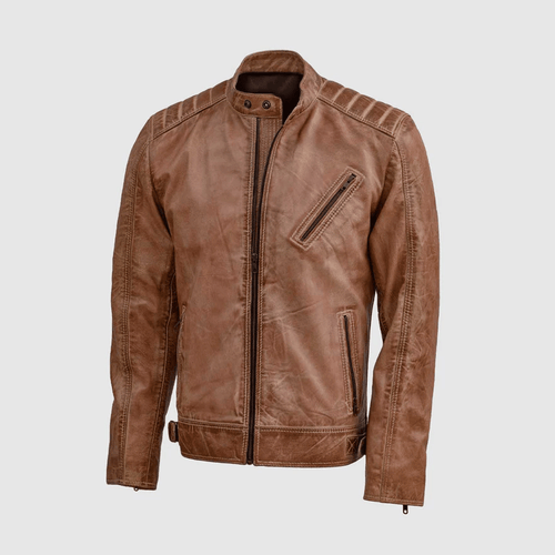 A brown leather motorcycle jacket with a mandarin collar, zipper pockets on the elbows and shoulders, and embroidered leather applique on the arms and back.