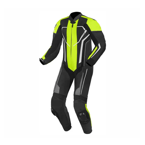 A black and green motorcycle race suit with metal armor and air vents