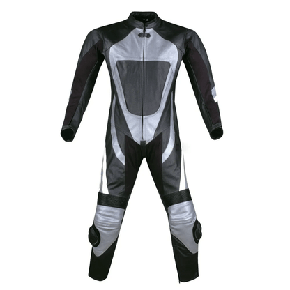 A motorcycle leather suit featuring silver and black panels with metal armor and air vents, designed for professional racing.