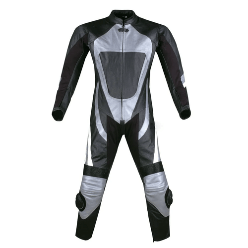A motorcycle leather suit featuring silver and black panels with metal armor and air vents, designed for professional racing.