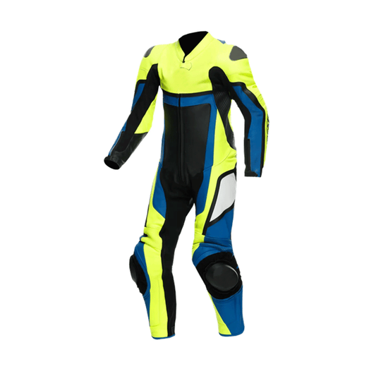 A motorcycle race suit featuring a high-neck design, long sleeves, and reinforced panels with a bold yellow and blue color scheme.