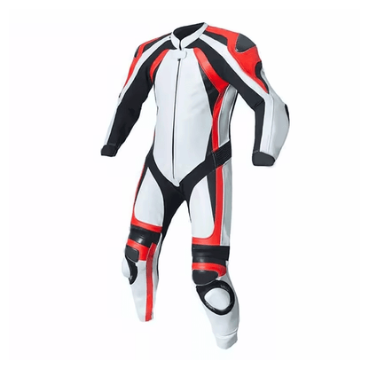 A motorcycle race suit with long sleeves, predominantly white with black and red accents, featuring protective armor and ventilation panels.