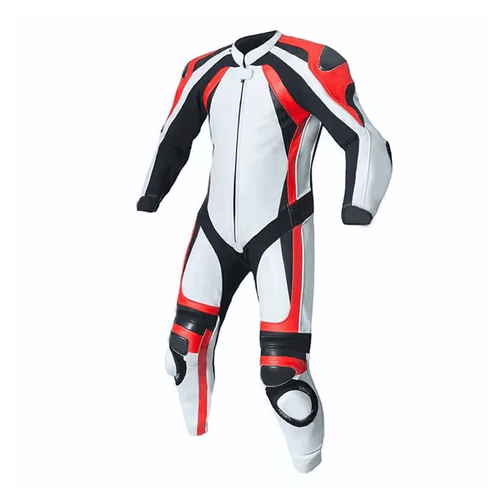 A motorcycle race suit with long sleeves, predominantly white with black and red accents, featuring protective armor and ventilation panels.
