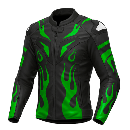 Black leather Kawasaki motorcycle jacket with green flame design on the front.
