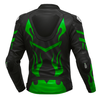 Back view of a Kawasaki motorcycle jacket featuring green flame graphics.
