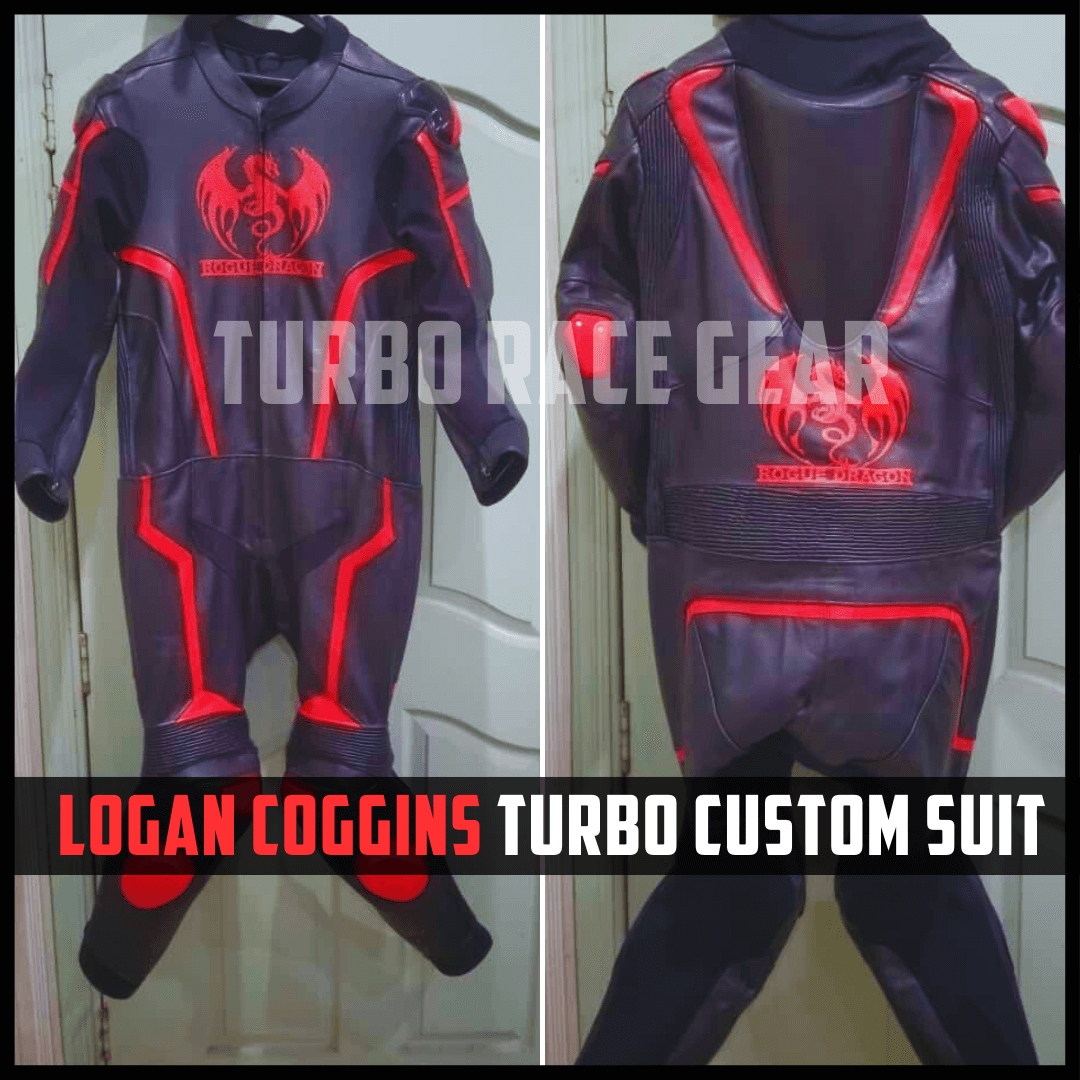 Turbo race gear custom suit with red accents and visible branding on a plain background.