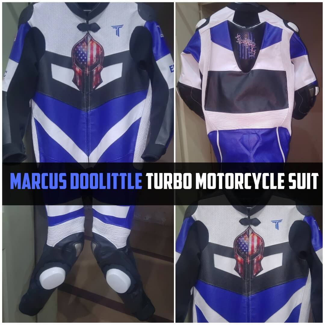 Turbo motorcycle suit with American flag design on a mannequin, labeled 'Marcus Doolittle Turbo Motorcycle Suit'.