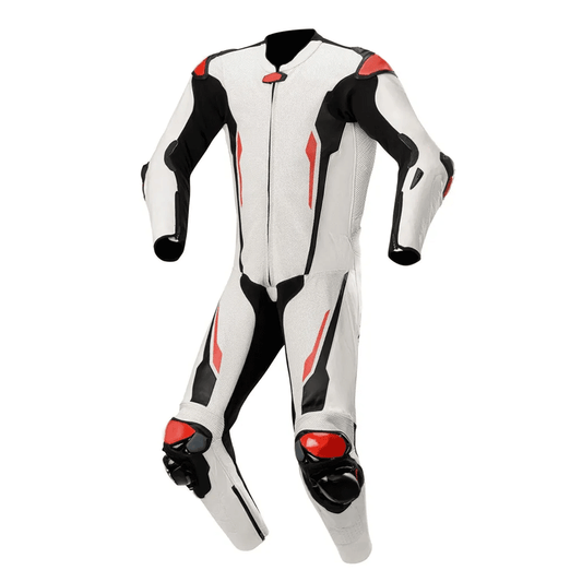 A white motorcycle race suit with black and red accents, featuring metal armor protectors on the back and thigh.