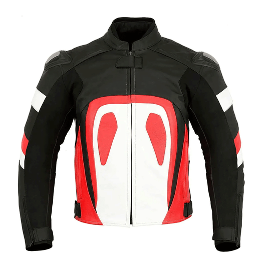 A black and red motorcycle leather jacket with white accents and distinctive orange stripe design, featuring a front zipper and pockets at the elbows and shoulders.