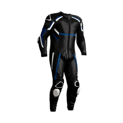 A black motorcycle race suit with blue accents and metal armor on the elbows and thighs.