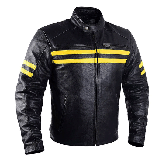 A black leather motorcycle jacket with distinctive orange stripes design, featuring a front zipper, pockets at elbows and shoulders, and embroidered leather applique graphics.