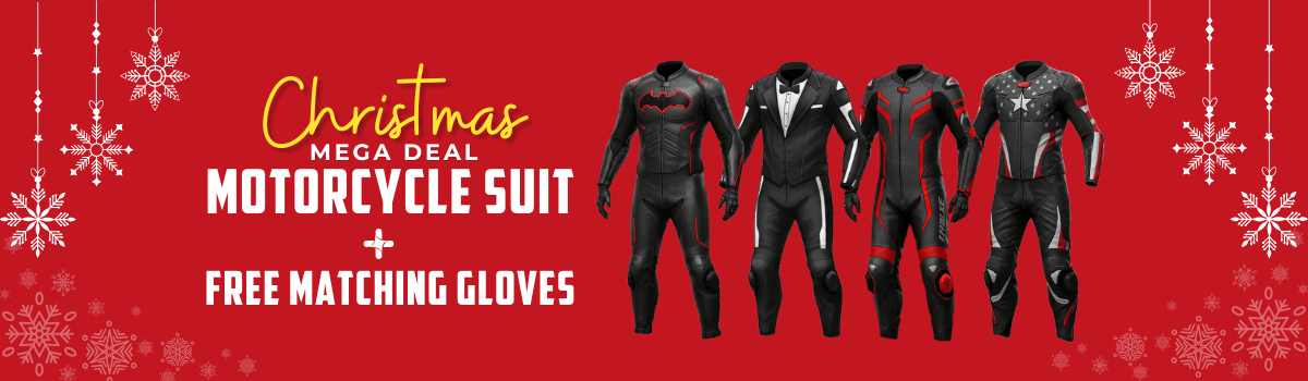 Motorcycle suits with matching gloves on a red background with Christmas decorations