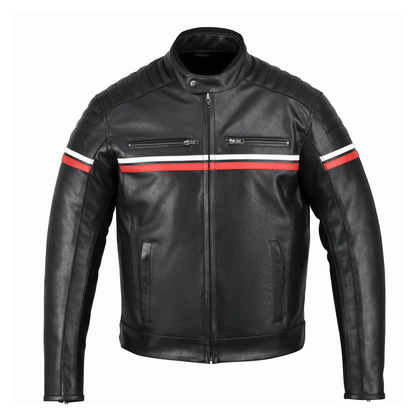 A black leather motorcycle jacket with a red and white stripe on the sleeves, a mandarin collar, and front zipper pockets.