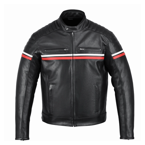 A black leather motorcycle jacket with a red and white stripe on the sleeves, a mandarin collar, and front zipper pockets.