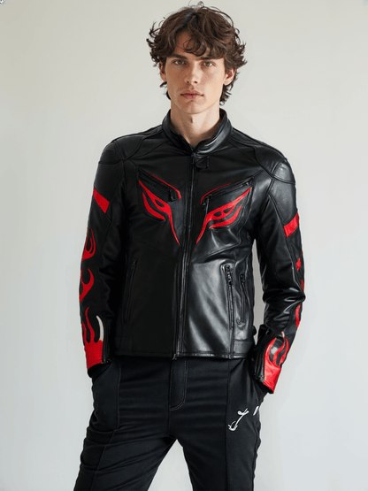 Side angle of a black leather motorcycle jacket, showing the red flame pattern on the sleeve, a partial view of the front zipper, and a contoured fit for comfort and protection.

