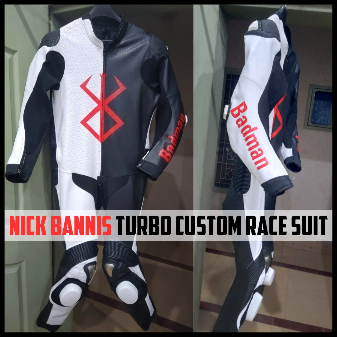 Motorcycle racing suit with 'Badman' branding on a hanger against a neutral background.