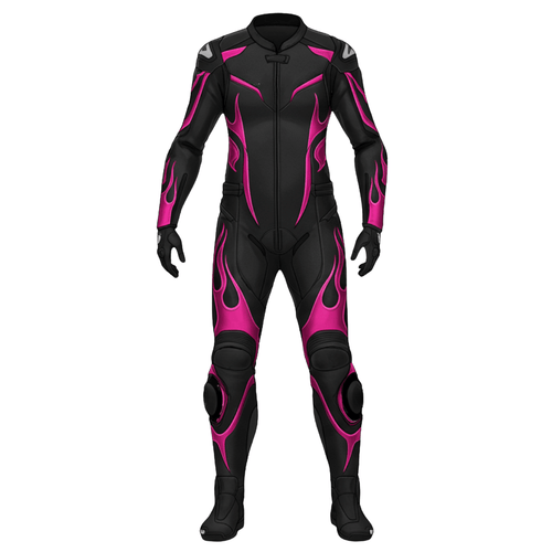 Black and pink motorcycle racing suit on a white background