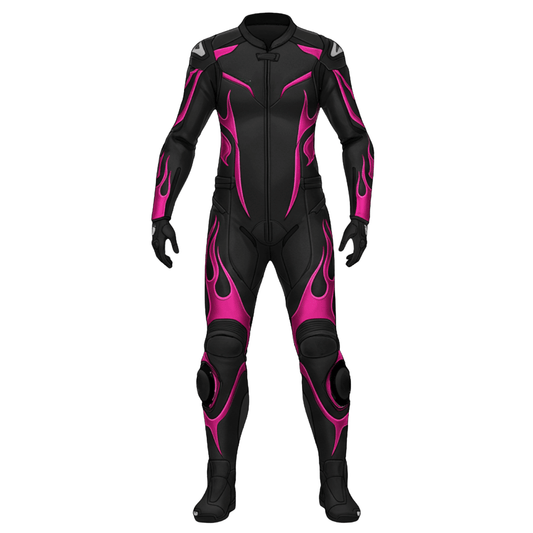 Black and pink motorcycle racing suit on a white background