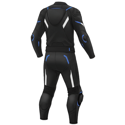 Premium cowhide leather racing suit in blue and black for riders and racers
