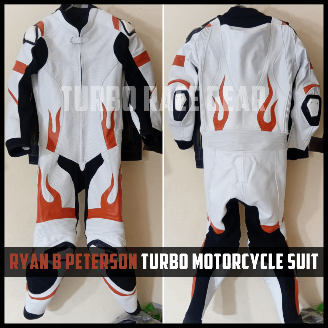 Turbo motorcycle suit with flames on a plain background