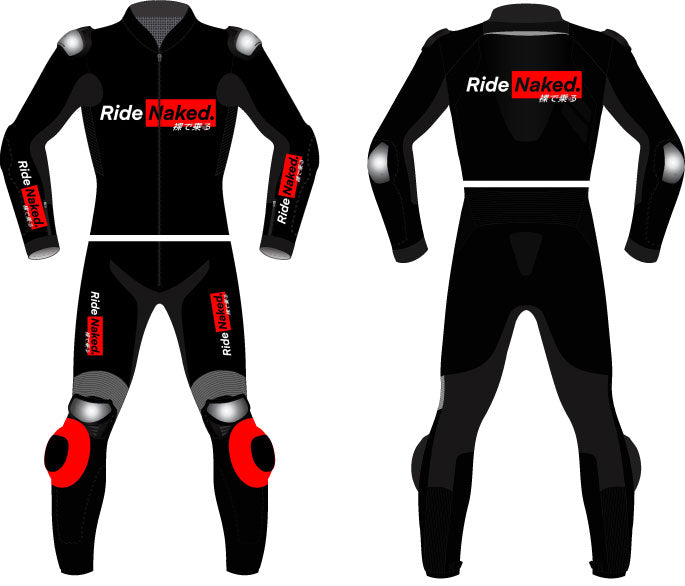 Black motorcycle suit with 'Ride Naked' branding on a white background