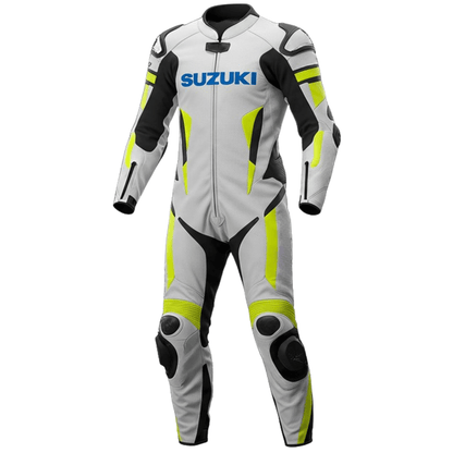 Motorcycle racing suit with Suzuki branding on a white background